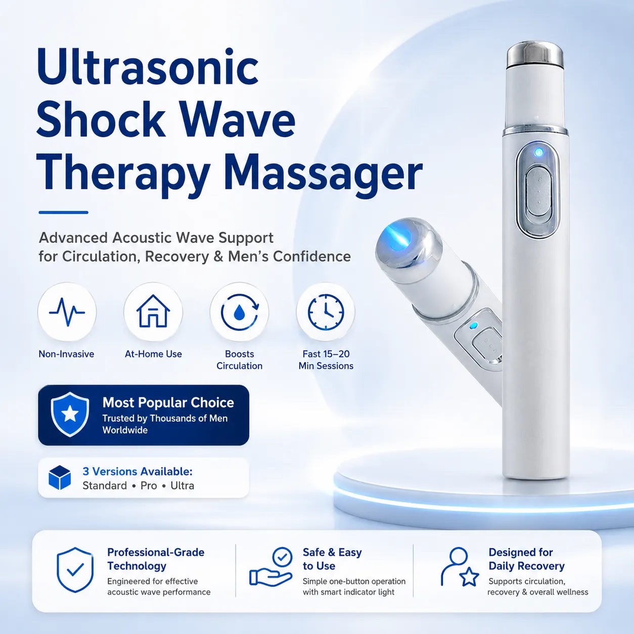 Advanced Acoustic Shockwave Therapy restores penile tissue health to enhance rise rigidity, stamina, and male performance confidence, relieving muscle pain, joint stiffness, tendon discomfort